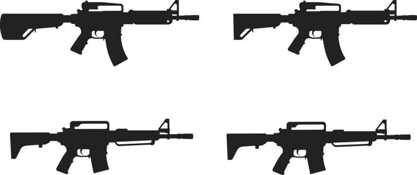 Assault rifle silhouette set isolated on white background military weapon collection side view vector style