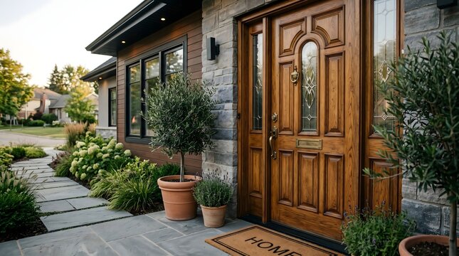 Modern Home Front Entrance with Elegant Wooden Door, Stone Facade, and Lush Landscaping
