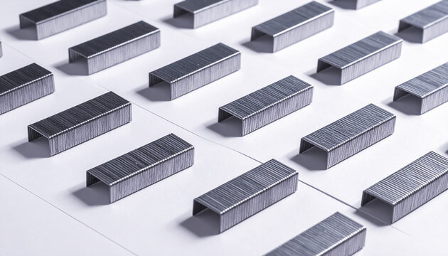Pattern of metallic staples aligned in a precise grid showcasing industrial texture and repetitive structure