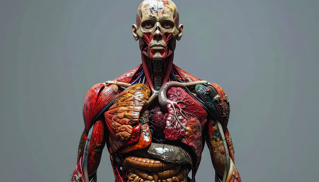 Full human anatomical figure with exposed muscles and organs in a clinical pose for educational and medical visuals