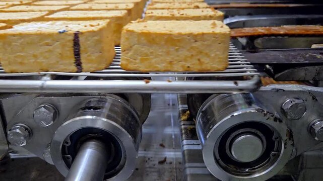 Smoked tofu blocks moving on a stainless steel wire mesh conveyor belt in a food processing factory. Industrial smoking production line.