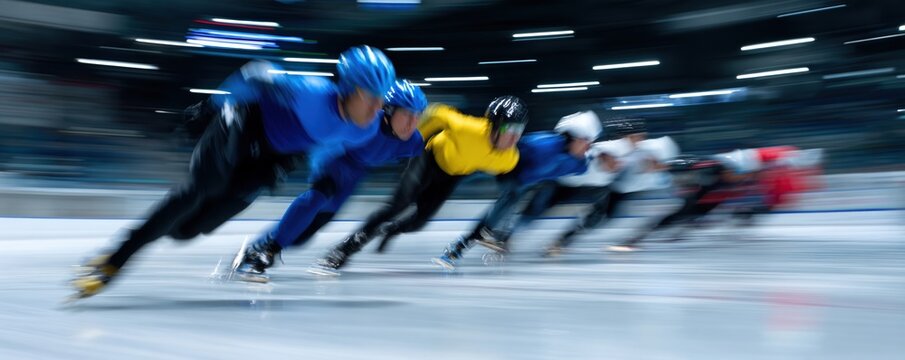 Short track speed skaters racing on indoor ice rink with motion blur