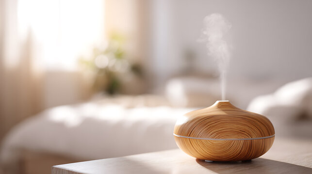 Natural wood electric aroma diffuser releases therapeutic steam for relaxation and well-being in a bright, tranquil bedroom atmosphere
