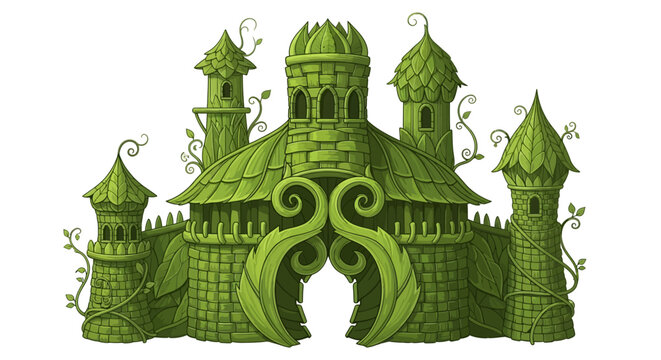 Enchanted green castle with leafy towers and vines in fantasy style