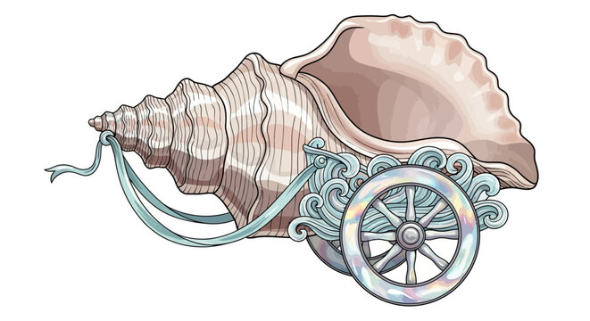 Fantasy conch shell carriage with seashell wheels and oceanic decor in pastel colors