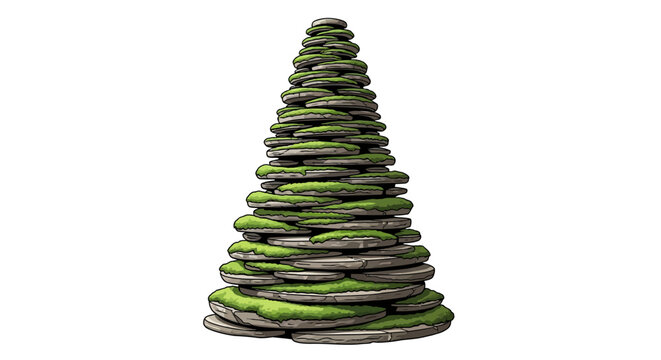 Conical stack of moss-covered stones in cartoon style