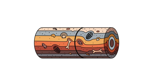 Geological cross section with fossils and sediment layers in linear style