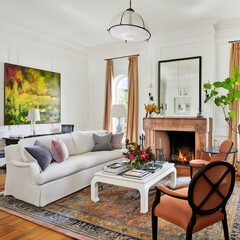 Obraz premium Cozy Living Room With Fire and Art in a Bright, Modern Home During Daytime