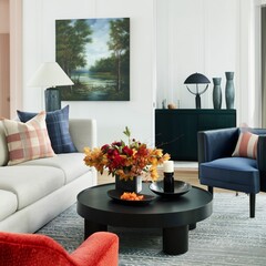 Obraz premium Cozy Living Room With Fire and Art in a Bright, Modern Home During Daytime