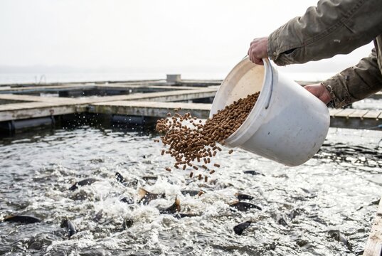 Farmer hands pouring a white bucket of brown pellet food into water teeming with splashing farmed fish