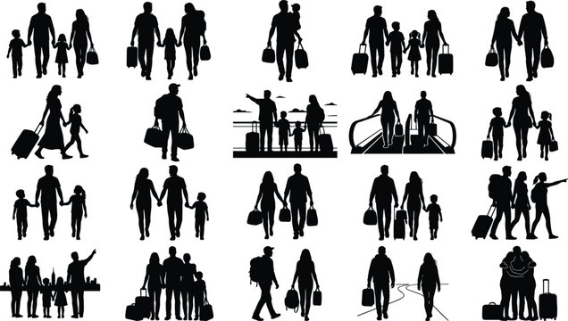 Collection of people traveling with families and luggage in various travel scenarios