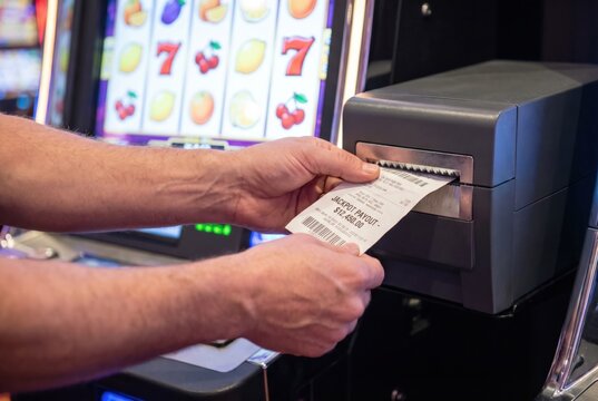 Player hands taking a printed jackpot payout ticket voucher from a modern slot machine in a casino