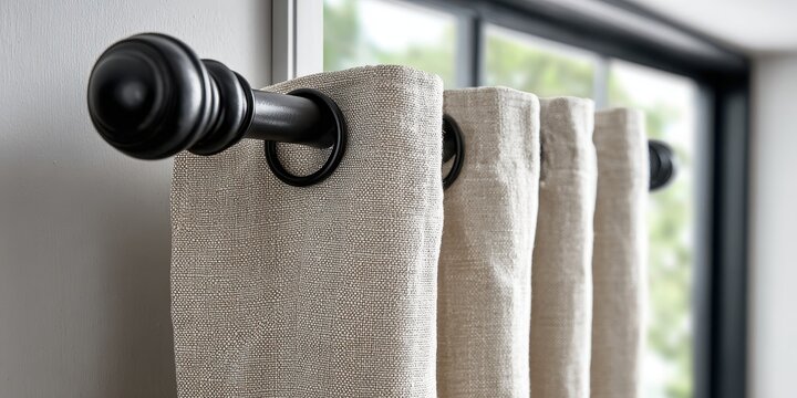 Close up view of beige linen curtains hanging on a black metal rod with decorative finials against a bright window frame in a modern residential interior living space setting
