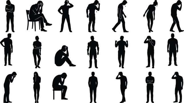 Set of black silhouettes showing people feeling sad depressed lonely and heartbroken poses
