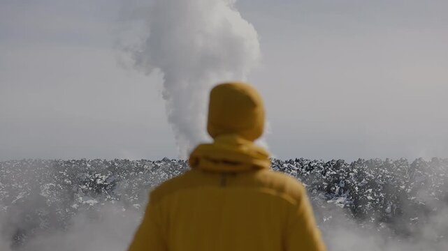 Tourist in yellow jacket stands on edge of volcano and watching column of smoke rise from crater with solidified lava. Back view. Camera changes focus
