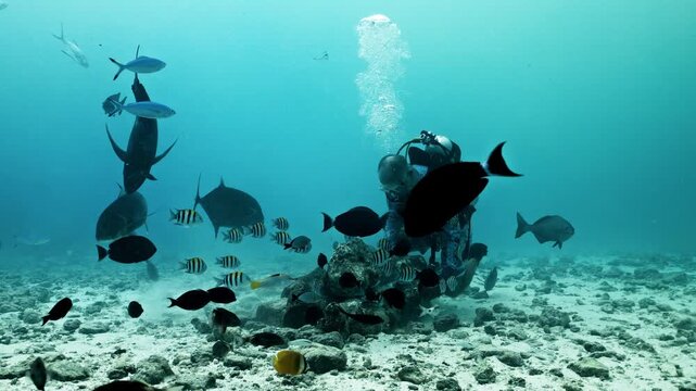 Divers feed school of sharks .Amazing closeup tiger sharks with sharp teeth swimming underwater on coral reef ocean of Borneo. Shark diving tourism. Marine wild dangerous underwater predators of Bali