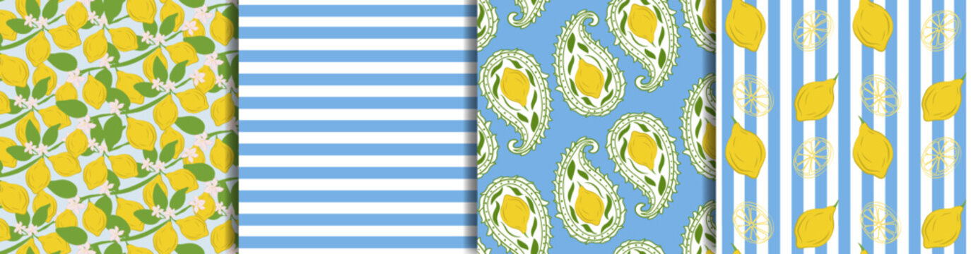 Set of seamless Mediterranean patterns inspired by Italian coastal style with lemon motifs, blue stripes and ornamental designs. Aesthetic inspired by Italian coastal style. Amalfi, Capri, Sicile vibe