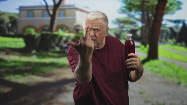 Man in maroon shirt holding a pomegranate juice bottle gestures with middle finger on a sunny building path lined with trees and hedges; defiance.