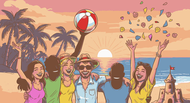 Diverse group of happy friends celebrating summer vacation on a tropical beach at sunset, enjoying good times and throwing confetti.
