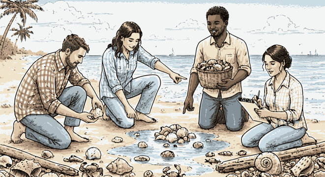 Diverse group of people collecting and examining seashells on a sandy beach by the ocean, studying marine life.