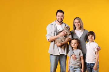 Fototapeta premium Happy family with their cute cat on orange background, space for text. Adorable pet