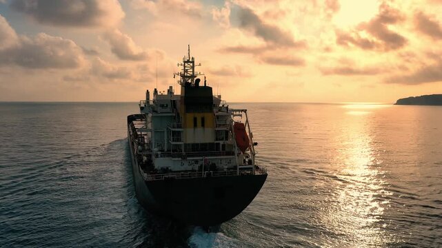 Geared bulk carrier with rusty weathered hull underway on open sea, aerial stern view at golden hour and bow quarter view in morning light, cargo cranes and stern wake visible