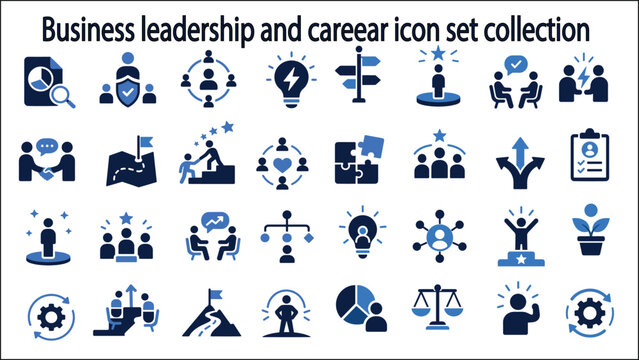 Business leadership and career icon set collection with business leadership collection teamwork strategy development collaboration communication management planning achievement innovation