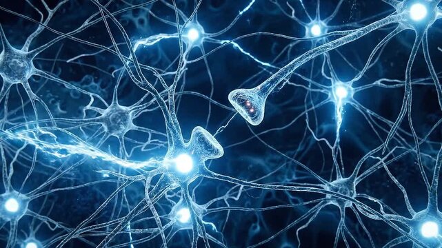 Close-up of interconnected neurons firing, showcasing a synapse transmission with bright blue electric impulses against a dark background, representing brain activity and neural network.