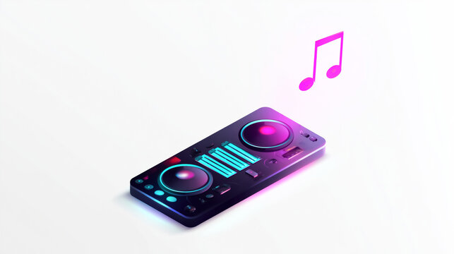 Futuristic dj controller with neon music note illustration