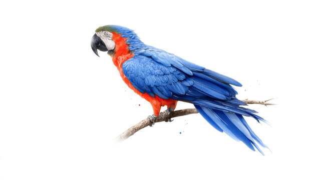 Vibrant blue and red macaw perched on a branch against white background