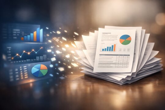 Several printed reports with charts and graphs are placed on a desk while digital graphics appear above them showing data trends for analysis.