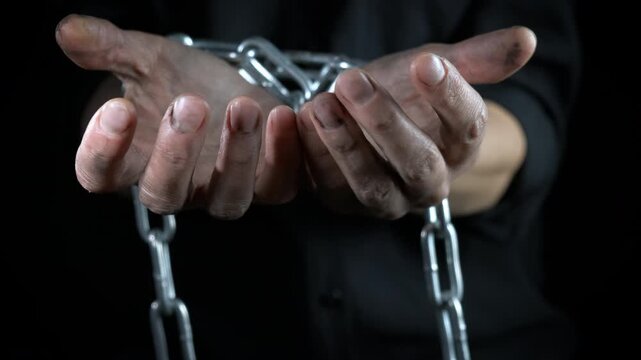 Movement against people with chain. Suffering female with chained hands suffer from abandoned time
