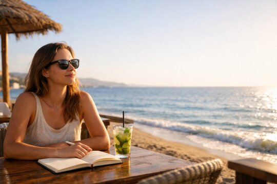 Woman enjoys a drink and writes in a notebook at a beachside table while the sun sets and waves crash softly on the shore