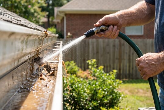 Homeowner hands using a green garden hose to spray water and clean debris from a dirty roof gutter