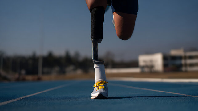 Inspiring Athlete with Prosthetic Leg on Track, Dynamic Motion of Resilience and Determination for Commercial and Editorial Use