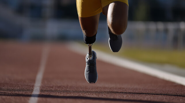 Dynamic close-up capture of an athlete with a prosthetic leg sprinting on a track, showcasing determination, resilience, and strength in sport