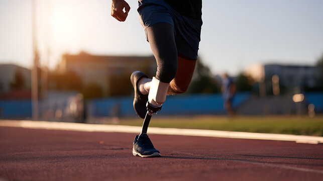 Dynamic close-up of an athlete with prosthetic leg running on a track during sunset, showcasing determination and athletic ability outdoors