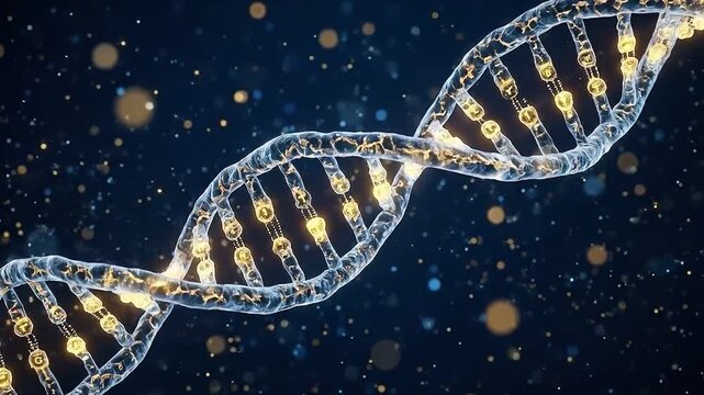 Abstract 3D DNA helix structure with glowing particles and bokeh effect on dark blue background, representing genetics and science.