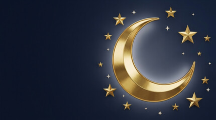 Naklejka premium Golden crescent moon and stars 3d render against dark blue background