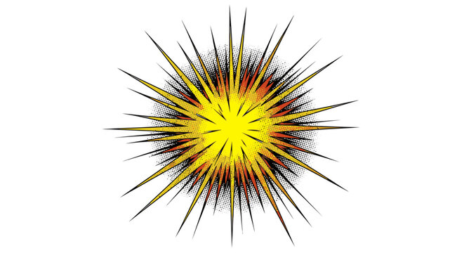 Explosion effect with bright yellow and orange colors, sharp spikes, comic book style, isolated on white background