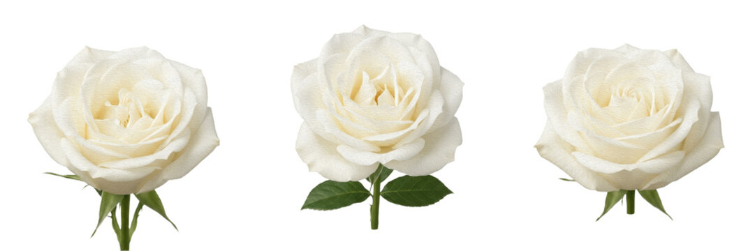 Set and collection of single white rose flower isolated on white background