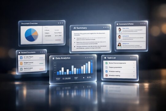 Screens show data analytics, task lists, comments, and related documents in a digital workspace for a business meeting setup