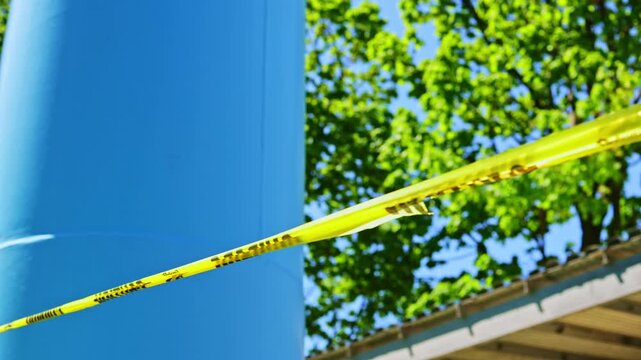 Caution tape is tied around a blue pole on a sunny day. Trees with green leaves are seen in the background. The area is marked for warning, keeping people away.