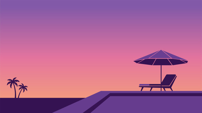 Serene tropical poolside lounge chair and umbrella at sunset with palm trees