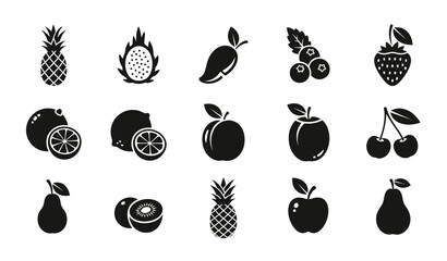 15 Fruit silhouette icons pineapple dragonfruit mango berry strawberry, solid black style, food grocery © pixostudio