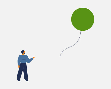Businessman lost green balloon that flying away. out of control, missing opportunity and business target. bankruptcy, loss savings concept. Vector illustration
