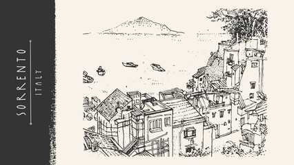 Fototapeta premium Amalfi Coast Italy sketch. Sorrento town near Naples. Mediterranean sea landscape. Vintage Italian illustration, hand drawn vector line art, watercolor panorama city buildings. Retro Vesuvio postcard