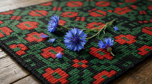Three blue cornflowers on a red and green Latvian woven textile over a rustic weathered wooden table.
