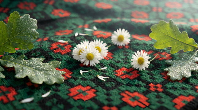 Daisies and oak leaves with morning dew on a red and green Baltic woven textile, festive Midsummer still life.