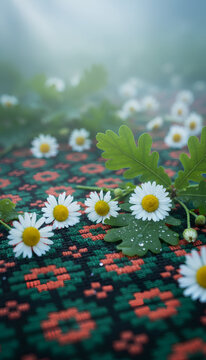 Daisies and oak leaves on a Latvian folk textile against a misty summer meadow background.